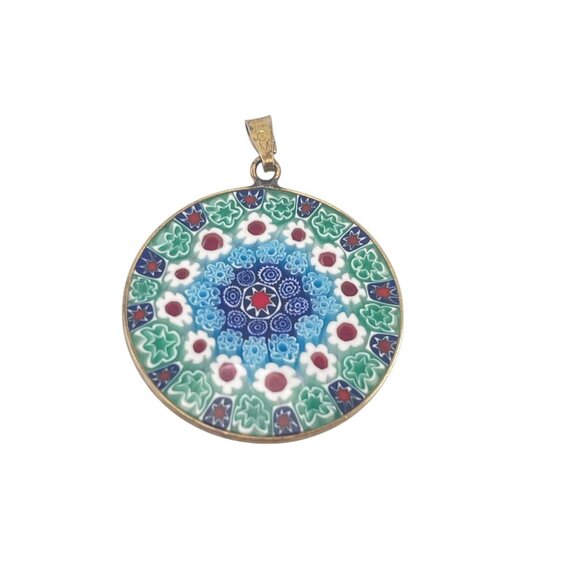 Millefiori Round Pendant Necklace With Intricate Floral Mosaic Design - Picture 3 of 8